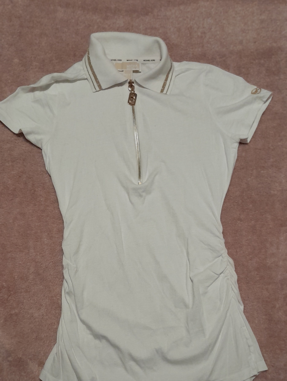 Michael Kors White Polo Zip-Up Short Sleeve Top with Gold Trim